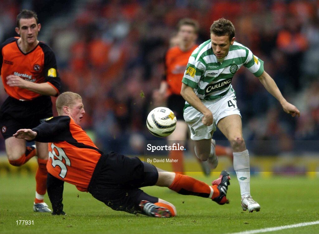 28 May 2005; Craig Bellamy, Glasgow Celtic, in action against Garry Kenneth, Dundee United. Scottish Cup Final, Glasgow Celtic v Dundee United, Hampden Park, Glasgow, Scotland. Picture credit; David Maher / SPORTSFILE