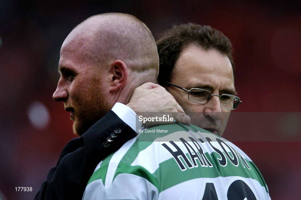 28 May 2005; An emotional Martin O'Neill, right, Glasgow Celtic manager, embraces John Hartson at the end of the game. Scottish Cup Final, Glasgow Celtic v Dundee United, Hampden Park, Glasgow, Scotland. Picture credit; David Maher / SPORTSFILE
