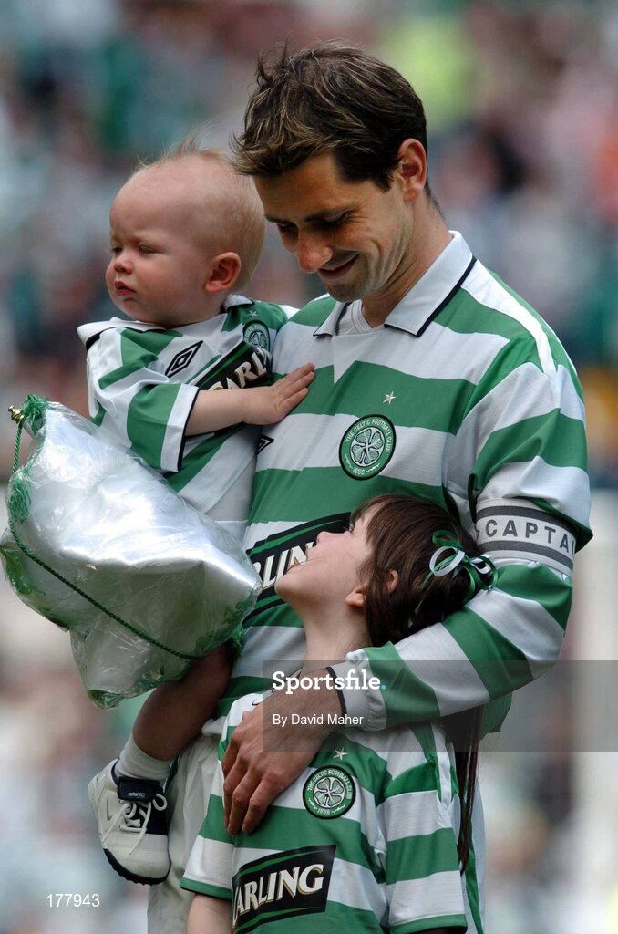 29 May 2005; Jackie McNamara, Celtic XI, with his children, Syndney, left, and Erin. Jackie McNamara Testimonial, Celtic XI v Republic of Ireland XI, Celtic Park, Glasgow, Scotland. Picture credit; David Maher / SPORTSFILE