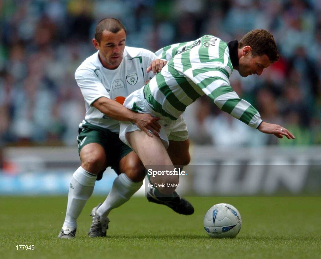 29 May 2005; Craig Beattie, Celtic XI, in action against Stephen Carr, Republic of Ireland XI. Jackie McNamara Testimonial, Celtic XI v Republic of Ireland XI, Celtic Park, Glasgow, Scotland. Picture credit; David Maher / SPORTSFILE