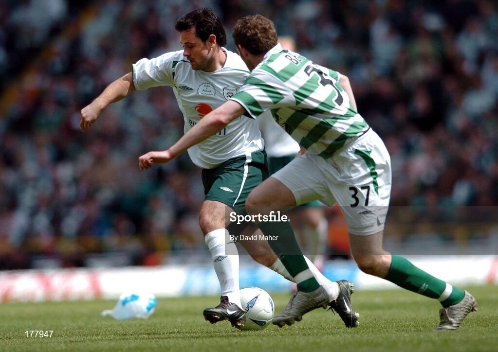 29 May 2005; Andy Reid, Republic of Ireland XI, in action against Craig Beattie, Celtic  XI. Jackie McNamara Testimonial, Celtic XI v Republic of Ireland XI, Celtic Park, Glasgow, Scotland. Picture credit; David Maher / SPORTSFILE