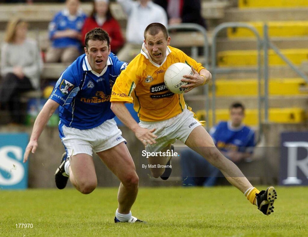 29 May 2005; Kevin Madden, Antrim, in action against Peter Reilly, Cavan. Bank of Ireland Ulster Senior Football Championship, Cavan v Antrim, Kingspan Breffni Park, Cavan. Picture credit; Matt Browne / SPORTSFILE