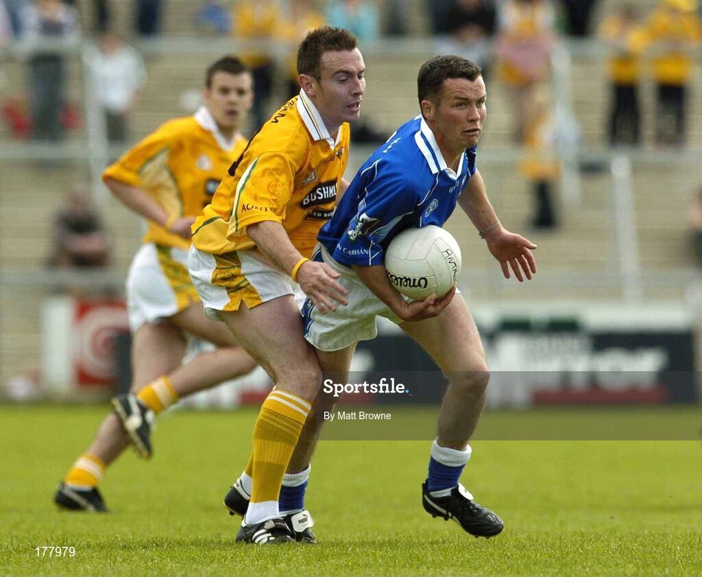 29 May 2005; Martin Cahill, Cavan, in action against Ciaran Close, Antrim. Bank of Ireland Ulster Senior Football Championship, Cavan v Antrim, Kingspan Breffni Park, Cavan. Picture credit; Matt Browne / SPORTSFILE