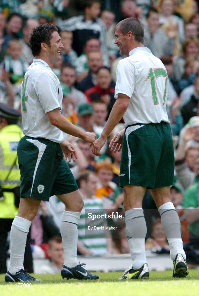 29 May 2005; Robbie Keane, left, Republic of Ireland XI, celebrates after scoring his sides winning goal with team-mate Roy Keane. Jackie McNamara Testimonial, Celtic XI v Republic of Ireland XI, Celtic Park, Glasgow, Scotland. Picture credit; David Maher / SPORTSFILE