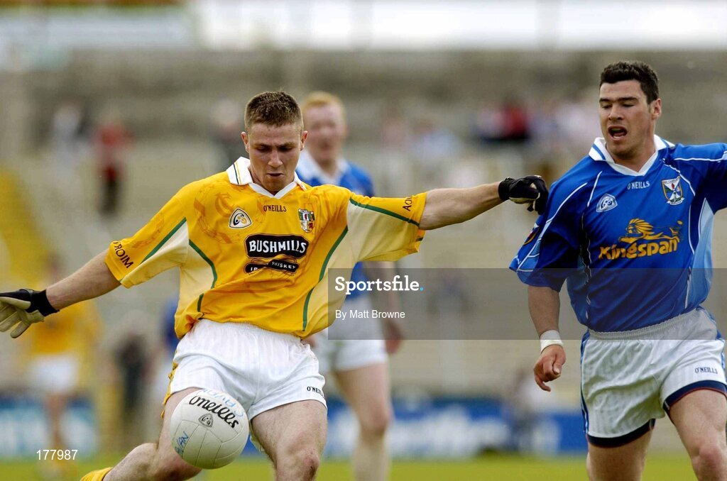 29 May 2005; Tony Scullion, Antrim, in action against Mark McKeever, Cavan. Bank of Ireland Ulster Senior Football Championship, Cavan v Antrim, Kingspan Breffni Park, Cavan. Picture credit; Matt Browne / SPORTSFILE