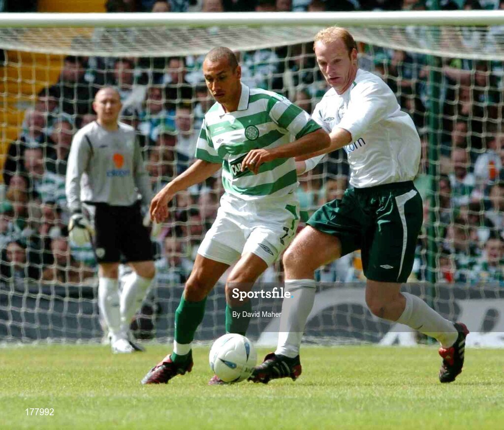 29 May 2005; Henrik Larrson, Celtic XI, in action against Gary Doherty, Republic of Ireland XI. Jackie McNamara Testimonial, Celtic XI v Republic of Ireland XI, Celtic Park, Glasgow, Scotland. Picture credit; David Maher / SPORTSFILE