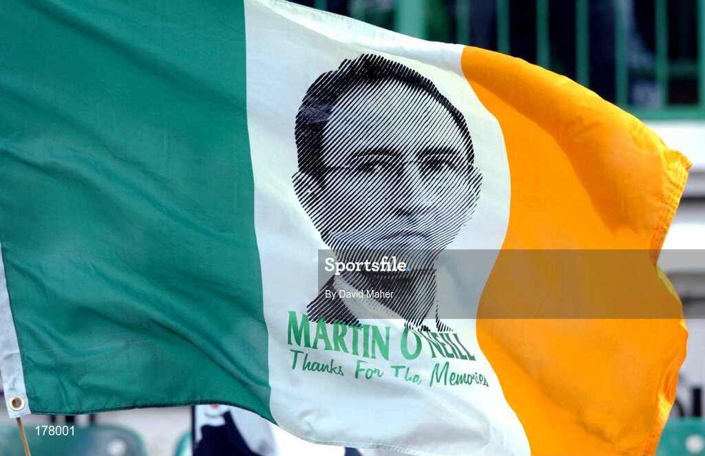 29 May 2005; Celtic supporters show their support with a Tri -Colour flag for Martin O'Neill, former Celtic manager. Jackie McNamara Testimonial, Celtic XI v Republic of Ireland XI, Celtic Park, Glasgow, Scotland. Picture credit; David Maher / SPORTSFILE