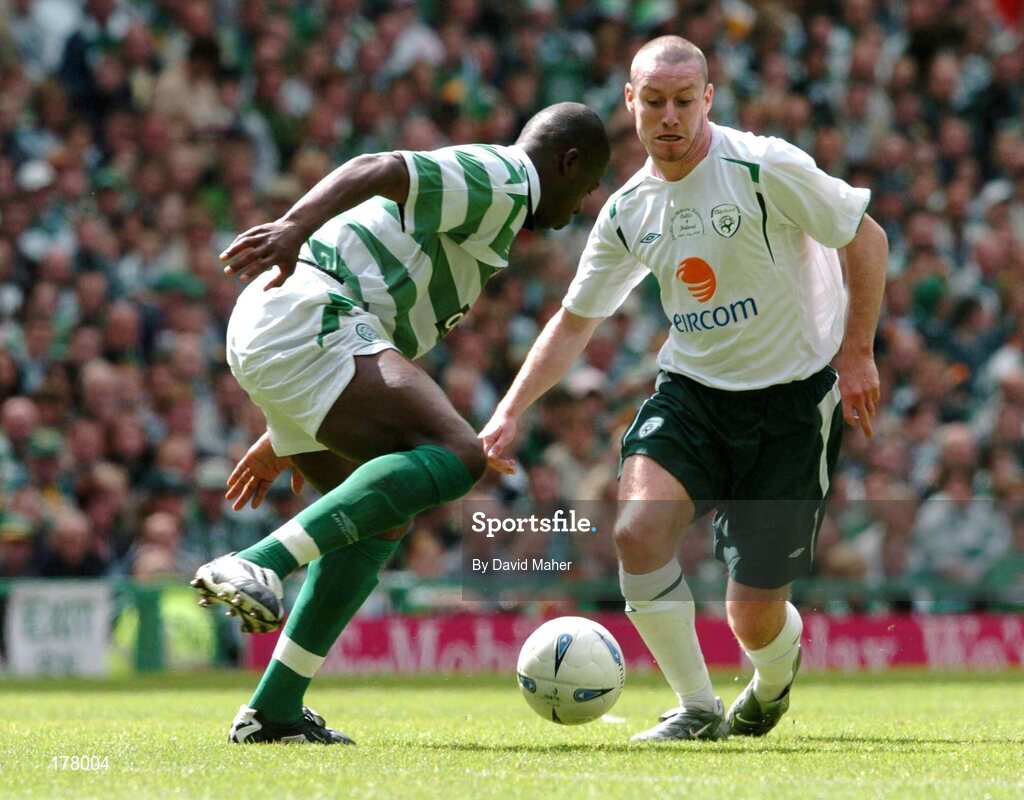 29 May 2005; Stephen Elliott, Republic of Ireland XI, in action against Bobo Balde, Celtic XI. Jackie McNamara Testimonial, Celtic XI v Republic of Ireland XI, Celtic Park, Glasgow, Scotland. Picture credit; David Maher / SPORTSFILE