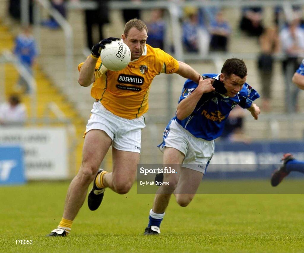 29 May 2005; Joe Quinn, Antrim, in action against Martin Cahill, Cavan. Bank of Ireland Ulster Senior Football Championship, Cavan v Antrim, Kingspan Breffni Park, Cavan. Picture credit; Matt Browne / SPORTSFILE