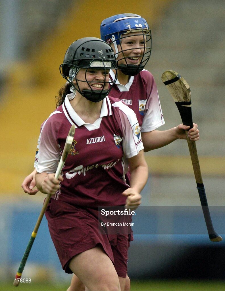 29 May 2005; Galway players Emma Kilkelly, left, and Aislinn Connolly celebrate victory at the final whistle. National Camogie League, Division 1 Final, Galway v Cork, Semple Stadium, Thurles, Co. Tipperary. Picture credit; Brendan Moran / SPORTSFILE