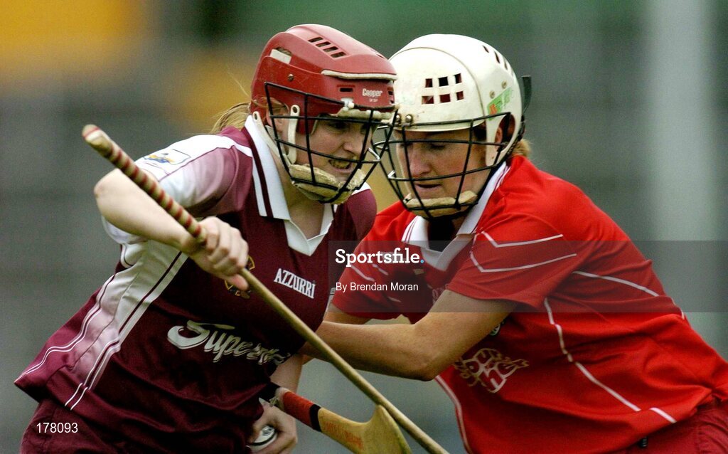 29 May 2005; Brenda Kerins, Galway, in action against Joanne O'Callaghan, Cork. National Camogie League, Division 1 Final, Galway v Cork, Semple Stadium, Thurles, Co. Tipperary. Picture credit; Brendan Moran / SPORTSFILE