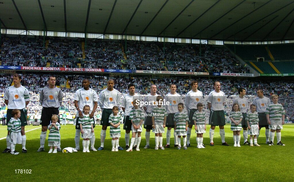29 May 2005; Republic of Ireland team line up before the start of the game. Jackie McNamara Testimonial, Celtic XI v Republic of Ireland XI, Celtic Park, Glasgow, Scotland. Picture credit; David Maher / SPORTSFILE