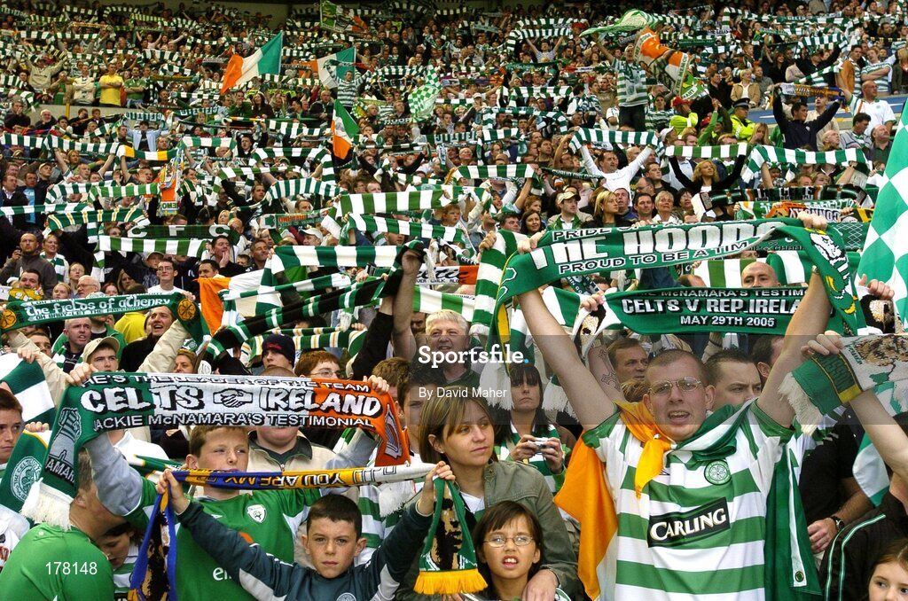29 May 2005; Celtic supporters cheer on their team. Jackie McNamara Testimonial, Celtic XI v Republic of Ireland XI, Celtic Park, Glasgow, Scotland. Picture credit; David Maher / SPORTSFILE