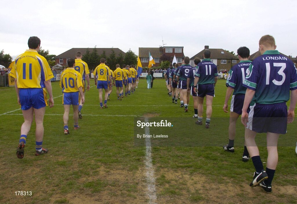 29 May 2005; The Roscommon and London teams take part in the pre-match parade. Bank of Ireland Connacht Senior Football Championship, London v Roscommon, Emerald Gaelic Grounds, Ruislip, London. Picture credit; Brian Lawless / SPORTSFILE