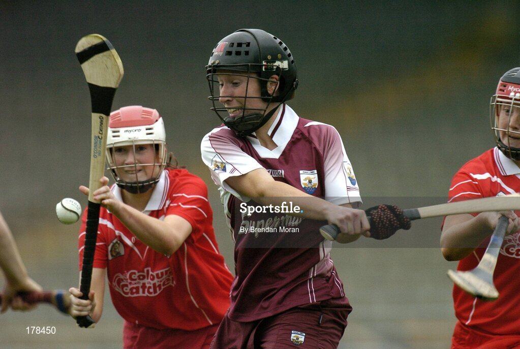 29 May 2005; Sinead Cahalan, Galway, in action against Colette Desmond, Cork. National Camogie League, Division 1 Final, Galway v Cork, Semple Stadium, Thurles, Co. Tipperary. Picture credit; Brendan Moran / SPORTSFILE
