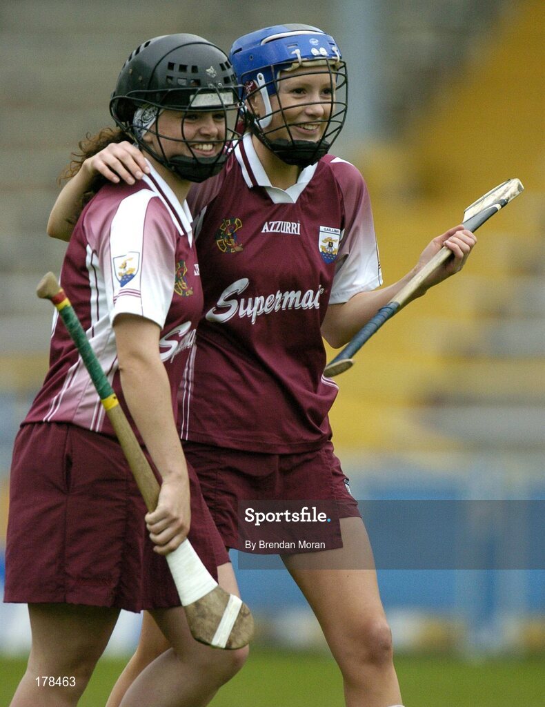 29 May 2005; Galway players Emma Kilkelly, left, and Aislinn Connolly celebrate victory at the final whistle. National Camogie League, Division 1 Final, Galway v Cork, Semple Stadium, Thurles, Co. Tipperary. Picture credit; Brendan Moran / SPORTSFILE