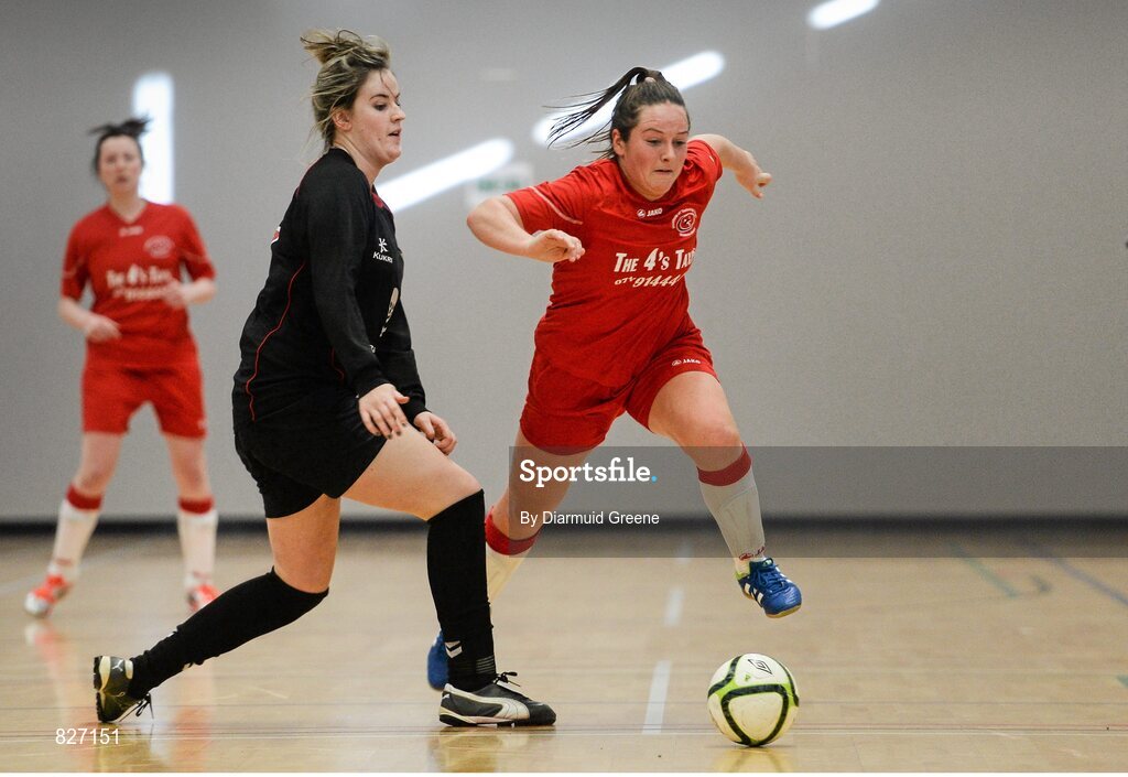 31 January 2014; Colleen Cavanagh, IT Sligo, in action against Laura Lynch, UCC. WSCAI National Futsal Finals semi-final, The Mardyke, UCC, Cork. Picture credit: Diarmuid Greene / SPORTSFILE