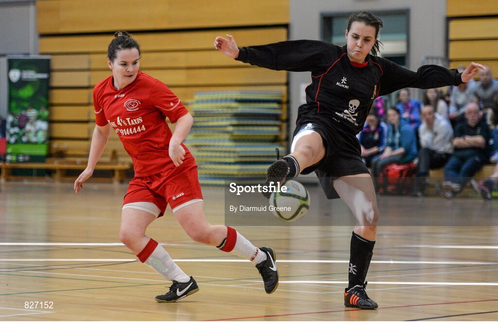 31 January 2014; Carys Johnson, UCC, in action against  Geraldine McLoughlin, IT Sligo. WSCAI National Futsal Finals semi-final, The Mardyke, UCC, Cork. Picture credit: Diarmuid Greene / SPORTSFILE