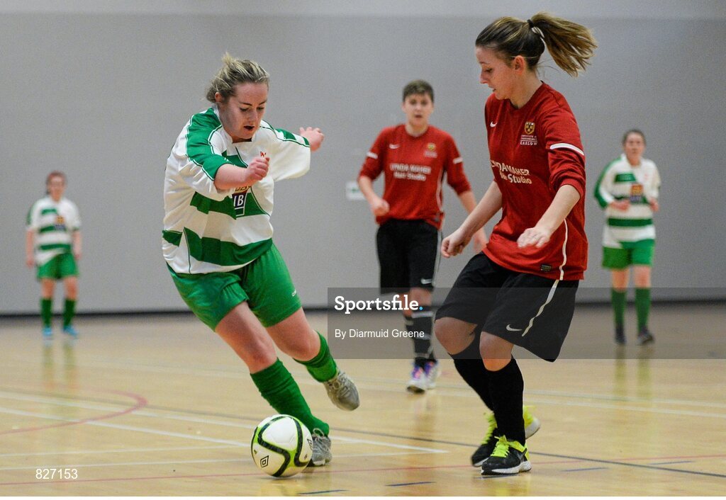 31 January 2014; Lisa Maher, LIT, in action against Aoife Moloney, Carlow IT. WSCAI National Futsal Finals quarter final, The Mardyke, UCC, Cork. Picture credit: Diarmuid Greene / SPORTSFILE