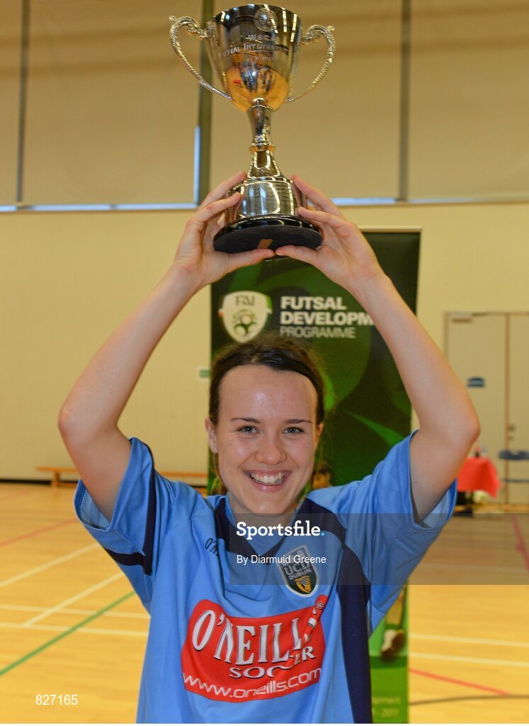 31 January 2014; UCD captain Ciara Grant lifts the cup after victory over IT Sligo. WSCAI National Futsal Final, The Mardyke, UCC, Cork. Picture credit: Diarmuid Greene / SPORTSFILE