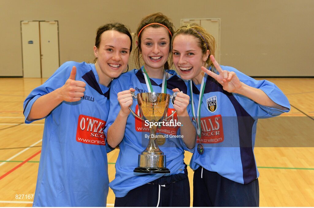 31 January 2014; UCD players, from left to right, captain Ciara Grant, Catherine Cronin and Julie-Ann Russell celebrate with the cup after victory over IT Sligo. WSCAI National Futsal Final, The Mardyke, UCC, Cork. Picture credit: Diarmuid Greene / SPORTSFILE