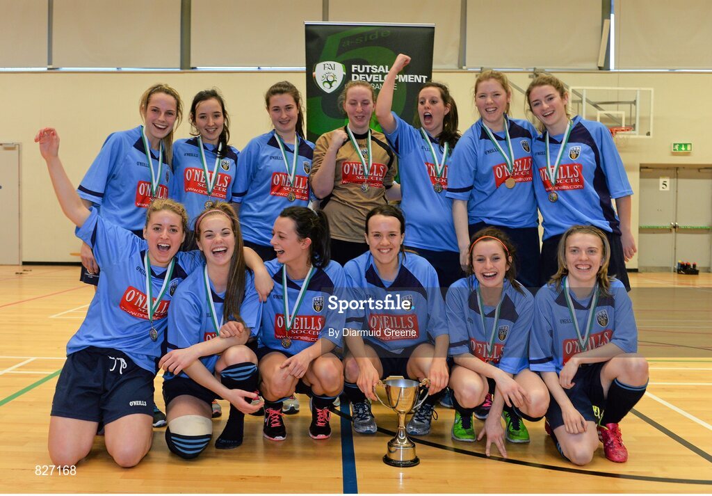 31 January 2014; The UCD team celebrate with the cup after victory over IT Sligo. WSCAI National Futsal Final, The Mardyke, UCC, Cork. Picture credit: Diarmuid Greene / SPORTSFILE