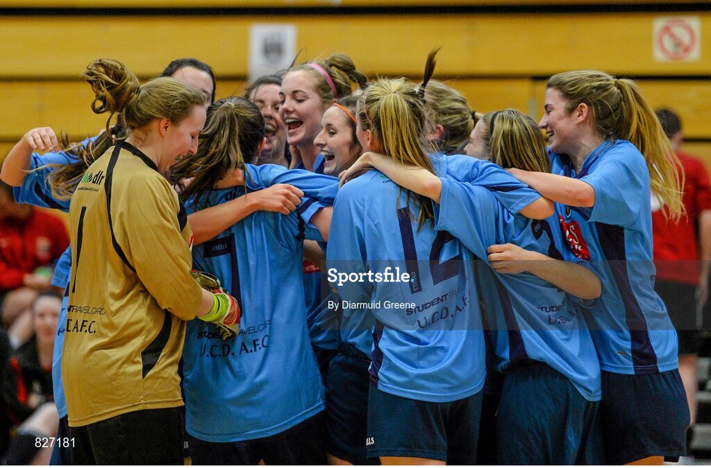 31 January 2014; UCD players celebrate after victory over Sligo IT. WSCAI National Futsal Final, UCD v Sligo IT, The Mardyke, UCC, Cork. Picture credit: Diarmuid Greene / SPORTSFILE