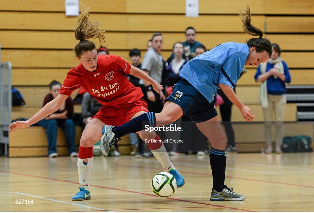 31 January 2014; Ciara Grant, UCD, in action against Aileen Gilroy, Sligo IT. WSCAI National Futsal Final, UCD v Sligo IT, The Mardyke, UCC, Cork. Picture credit: Diarmuid Greene / SPORTSFILE