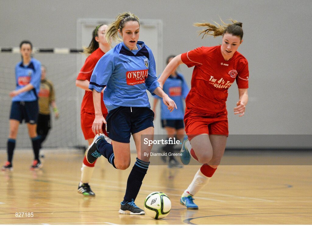 31 January 2014; Julie-Ann Russell, UCD, in action against Aileen Gilroy, Sligo IT. WSCAI National Futsal Final, UCD v Sligo IT, The Mardyke, UCC, Cork. Picture credit: Diarmuid Greene / SPORTSFILE