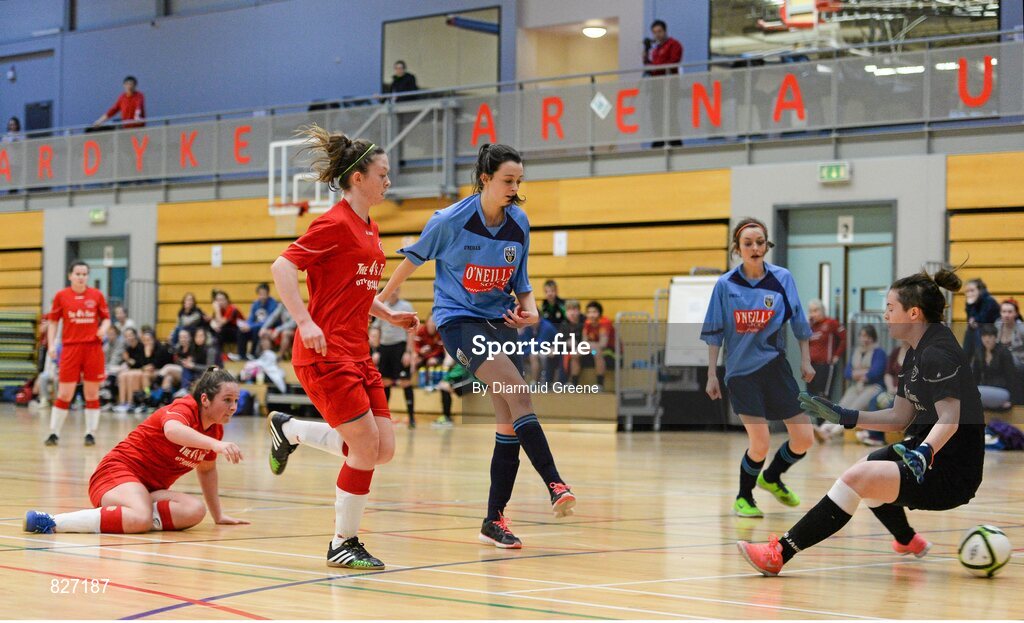 31 January 2014; Niamh Walsh, UCD, shoots to score her side's second goal past Sligo IT goalkeeper Rachel King. WSCAI National Futsal Final, UCD v Sligo IT, The Mardyke, UCC, Cork. Picture credit: Diarmuid Greene / SPORTSFILE