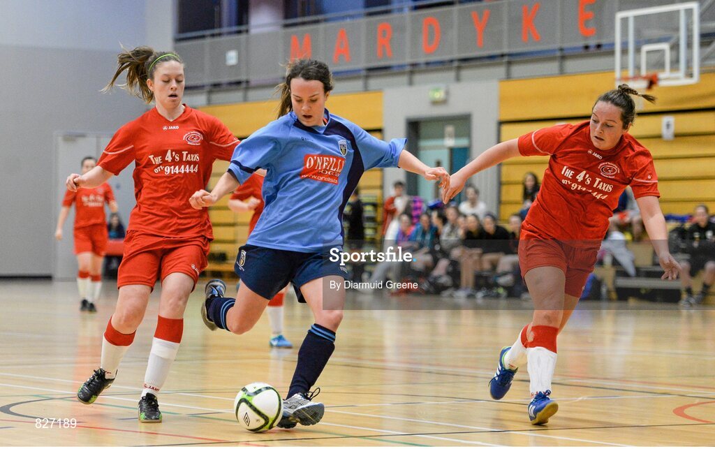31 January 2014; Ciara Grant, UCD, in against Emma Hansberry, left, and Nicole Fowley, Sligo IT. WSCAI National Futsal Final, UCD v Sligo IT, The Mardyke, UCC, Cork. Picture credit: Diarmuid Greene / SPORTSFILE