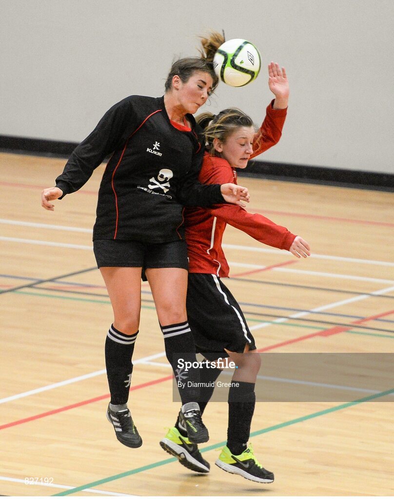 31 January 2014; Zoe Murphy, UCC, in action against Aoife Moloney, Carlow IT. WSCAI National Futsal Finals, Plate Final, UCC v Carlow IT, The Mardyke, UCC, Cork. Picture credit: Diarmuid Greene / SPORTSFILE
