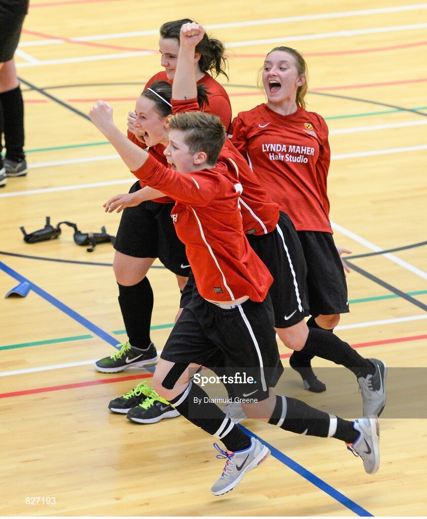 31 January 2014; Carlow IT players celebrate after defeating UCC in the Plate Final penalty shootout. WSCAI National Futsal Finals, Plate Final, UCC v Carlow IT, The Mardyke, UCC, Cork. Picture credit: Diarmuid Greene / SPORTSFILE