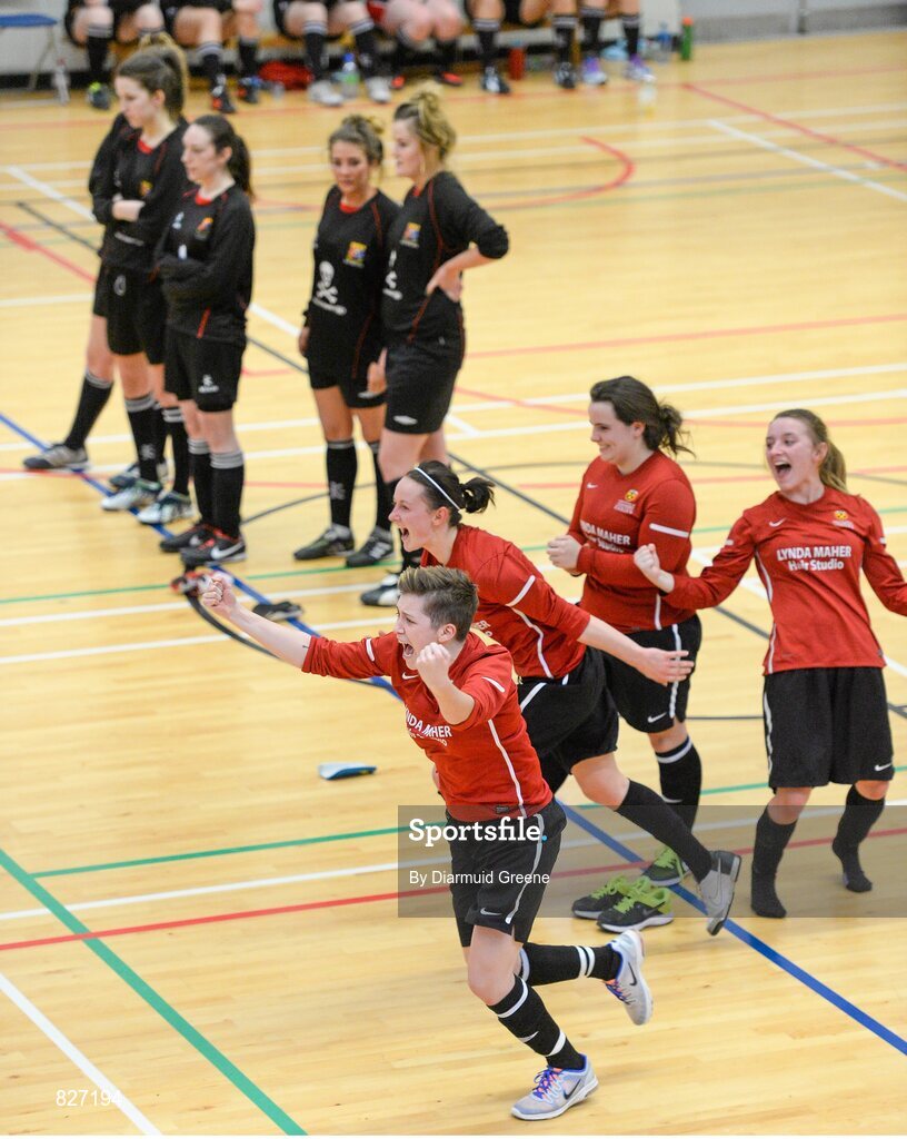 31 January 2014; Carlow IT players celebrate after defeating UCC in the Plate Final penalty shootout. WSCAI National Futsal Finals, Plate Final, UCC v Carlow IT, The Mardyke, UCC, Cork. Picture credit: Diarmuid Greene / SPORTSFILE