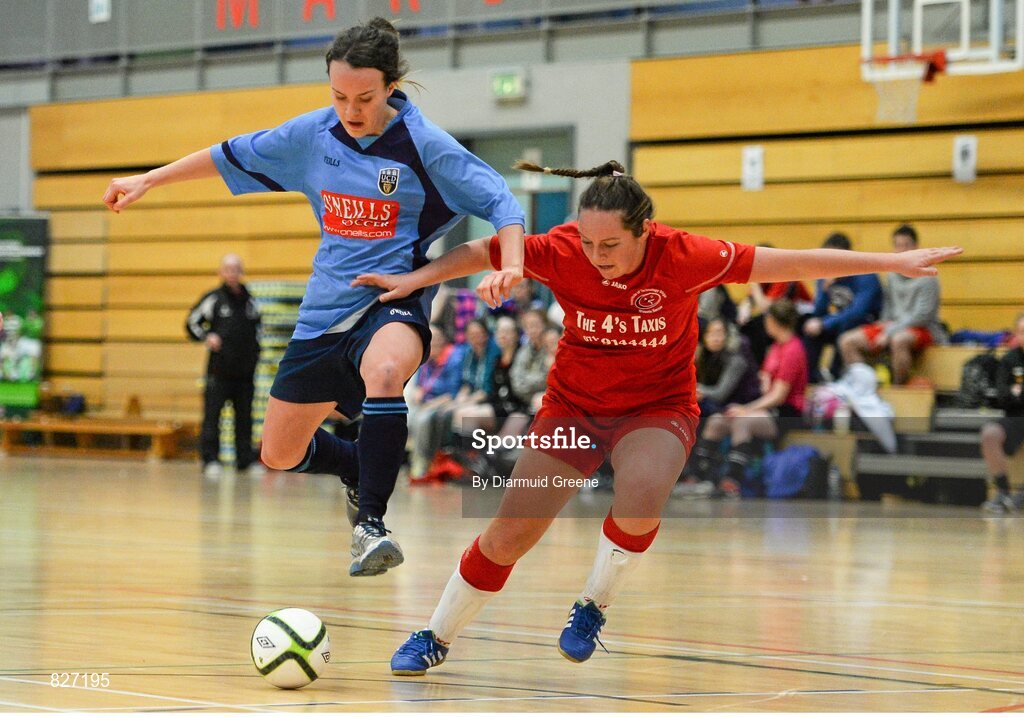 31 January 2014; Ciara Grant, UCD, in against Nicole Fowley, Sligo IT. WSCAI National Futsal Final, UCD v Sligo IT, The Mardyke, UCC, Cork. Picture credit: Diarmuid Greene / SPORTSFILE