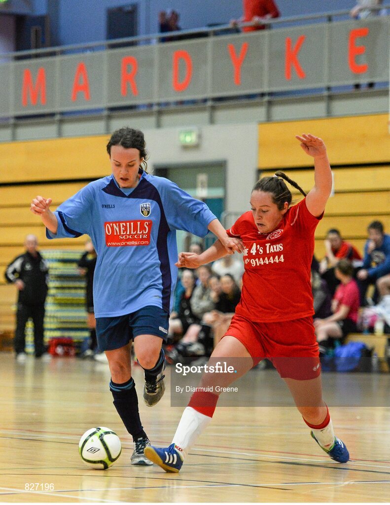 31 January 2014; Ciara Grant, UCD, in against Nicole Fowley, Sligo IT. WSCAI National Futsal Final, UCD v Sligo IT, The Mardyke, UCC, Cork. Picture credit: Diarmuid Greene / SPORTSFILE