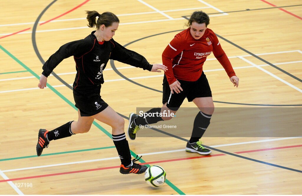 31 January 2014; Patrice Kearney, UCC, in action against Jenny Ferrari, Carlow IT. WSCAI National Futsal Finals, Plate Final, UCC v Carlow IT, The Mardyke, UCC, Cork. Picture credit: Diarmuid Greene / SPORTSFILE