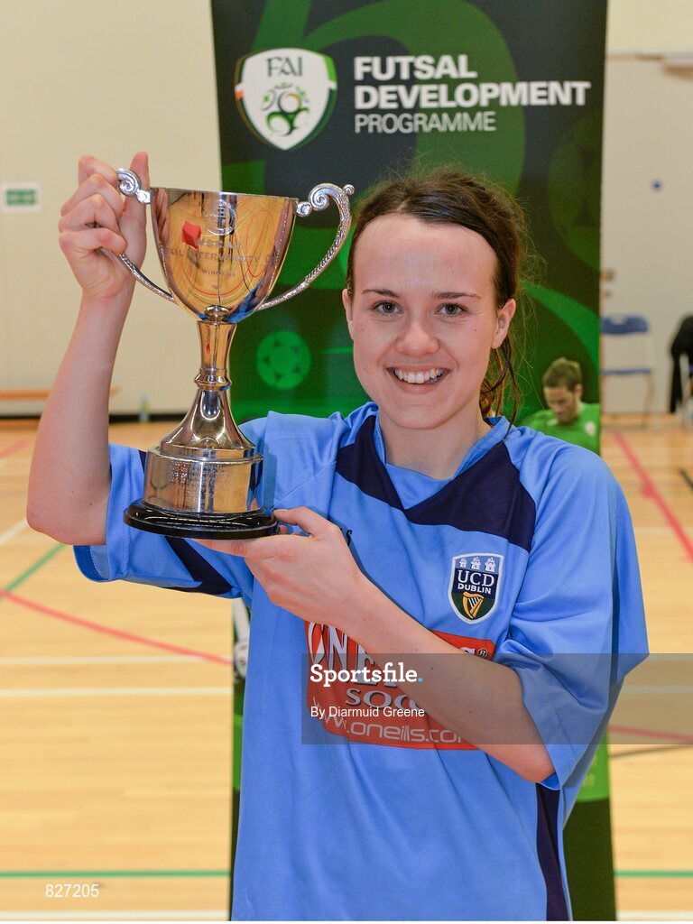 31 January 2014; UCD captain Ciara Grant lifts the cup after victory over IT Sligo. WSCAI National Futsal Final, The Mardyke, UCC, Cork. Picture credit: Diarmuid Greene / SPORTSFILE