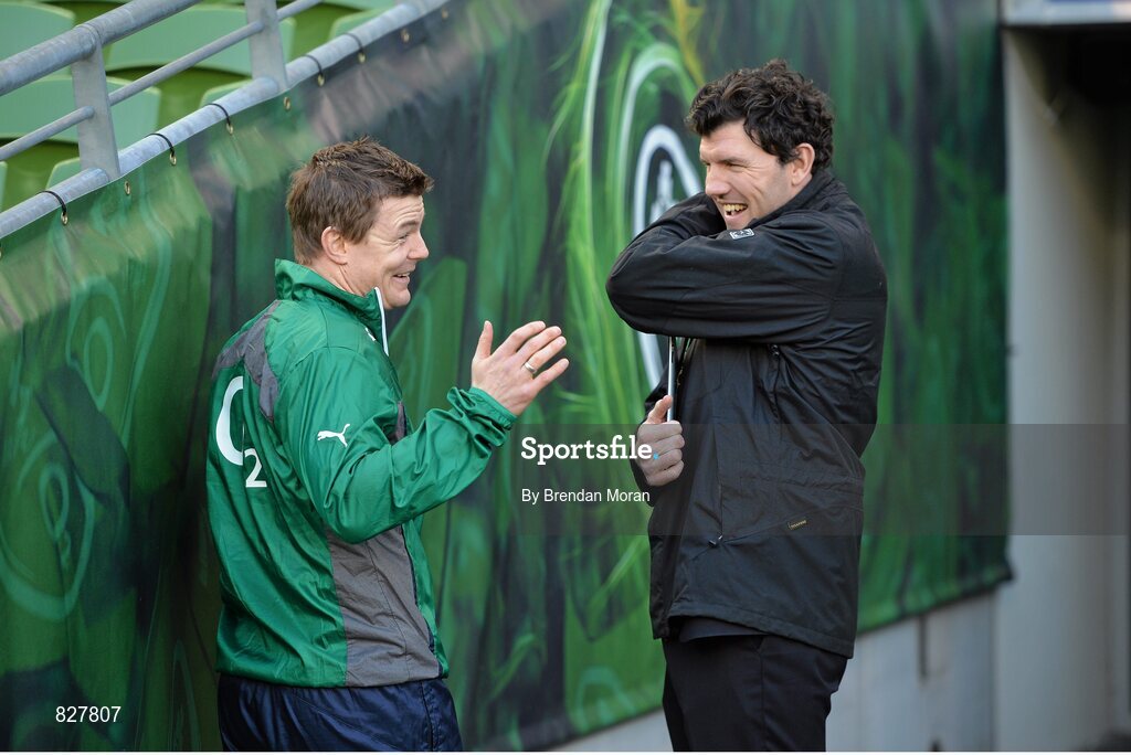 2 February 2014; Ireland's Brian O'Driscoll in conversation with former Ireland winger and current RTE rugby analyst Shane Horgan ahead of the game. RBS Six Nations Rugby Championship, Ireland v Scotland, Aviva Stadium, Lansdowne Road, Dublin. Picture credit: Brendan Moran / SPORTSFILE