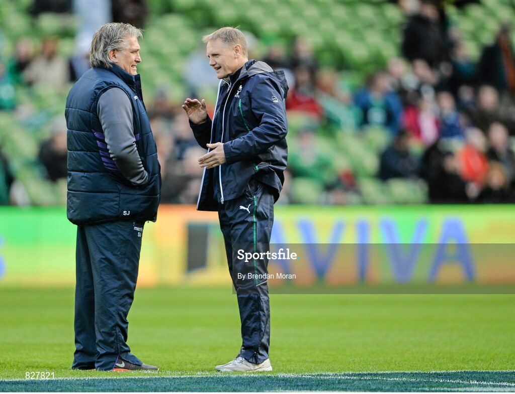 2 February 2014; Head coaches Scott Johnson, Scotland, left and Ireland's Joe Schmidt in conversation before the game. RBS Six Nations Rugby Championship, Ireland v Scotland, Aviva Stadium, Lansdowne Road, Dublin. Picture credit: Brendan Moran / SPORTSFILE