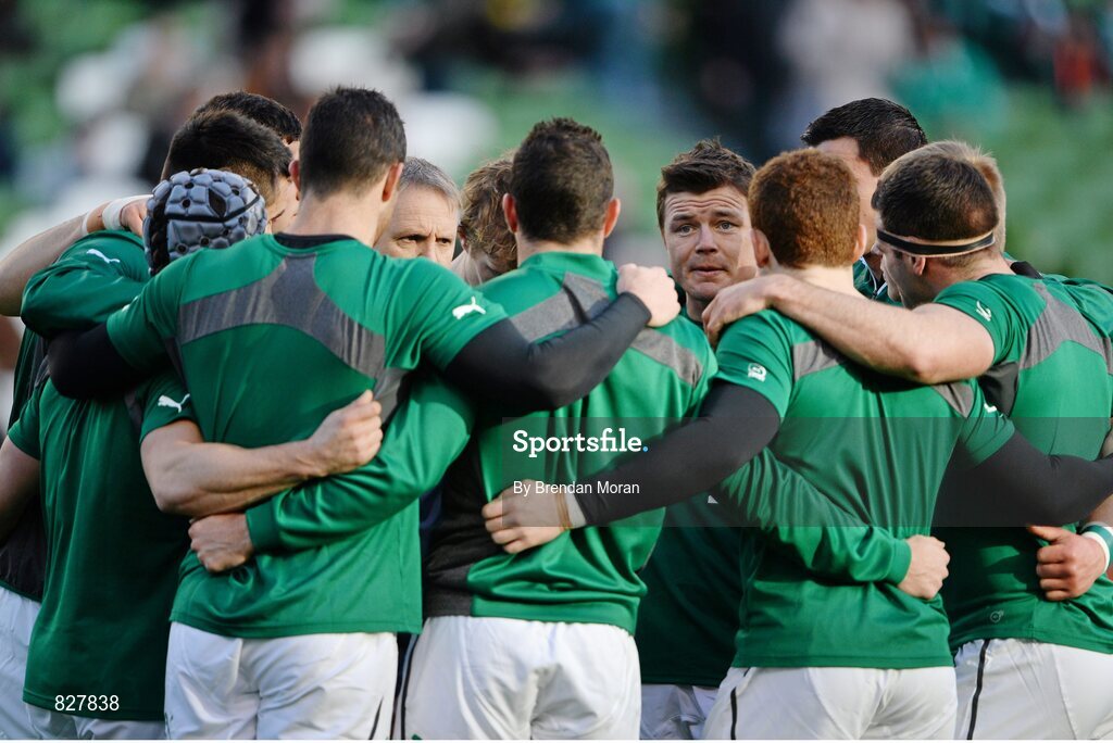 2 February 2014; Ireland Brian O'Driscoll, watched by head coach Joe Schmidt, talks to his teammates ahead of the game. RBS Six Nations Rugby Championship, Ireland v Scotland, Aviva Stadium, Lansdowne Road, Dublin. Picture credit: Brendan Moran / SPORTSFILE