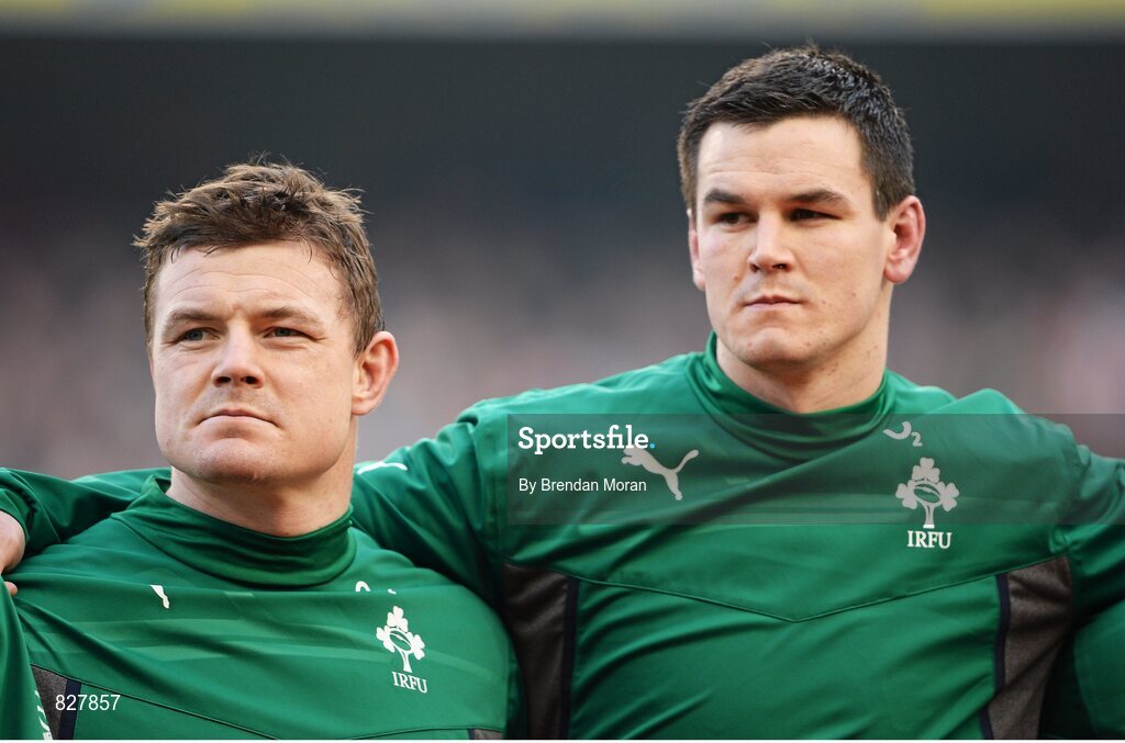 2 February 2014; Ireland's Brian O'Driscoll, who wins his 129th cap, alongside teammate Jonathan Sexton in the lineup. RBS Six Nations Rugby Championship, Ireland v Scotland, Aviva Stadium, Lansdowne Road, Dublin. Picture credit: Brendan Moran / SPORTSFILE