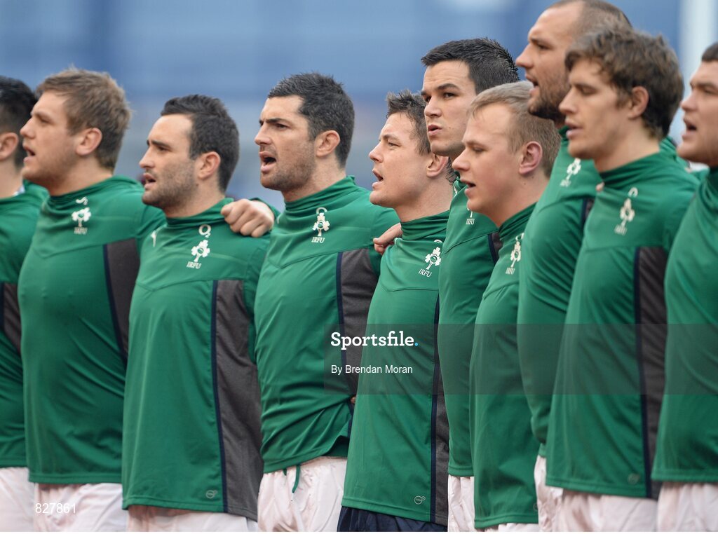 2 February 2014; Ireland's Brian O'Driscoll, who wins his 129th cap, stands alongside his teammates in the lineup. RBS Six Nations Rugby Championship, Ireland v Scotland, Aviva Stadium, Lansdowne Road, Dublin. Picture credit: Brendan Moran / SPORTSFILE