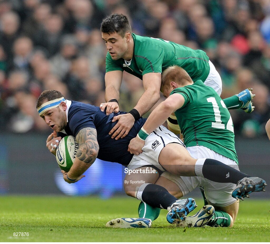 2 February 2014; Greig Laidlaw, Scotland is tackled by Ireland's Conor Murray, and Luke Marshall, right. RBS Six Nations Rugby Championship, Ireland v Scotland, Aviva Stadium, Lansdowne Road, Dublin. Photo by Sportsfile