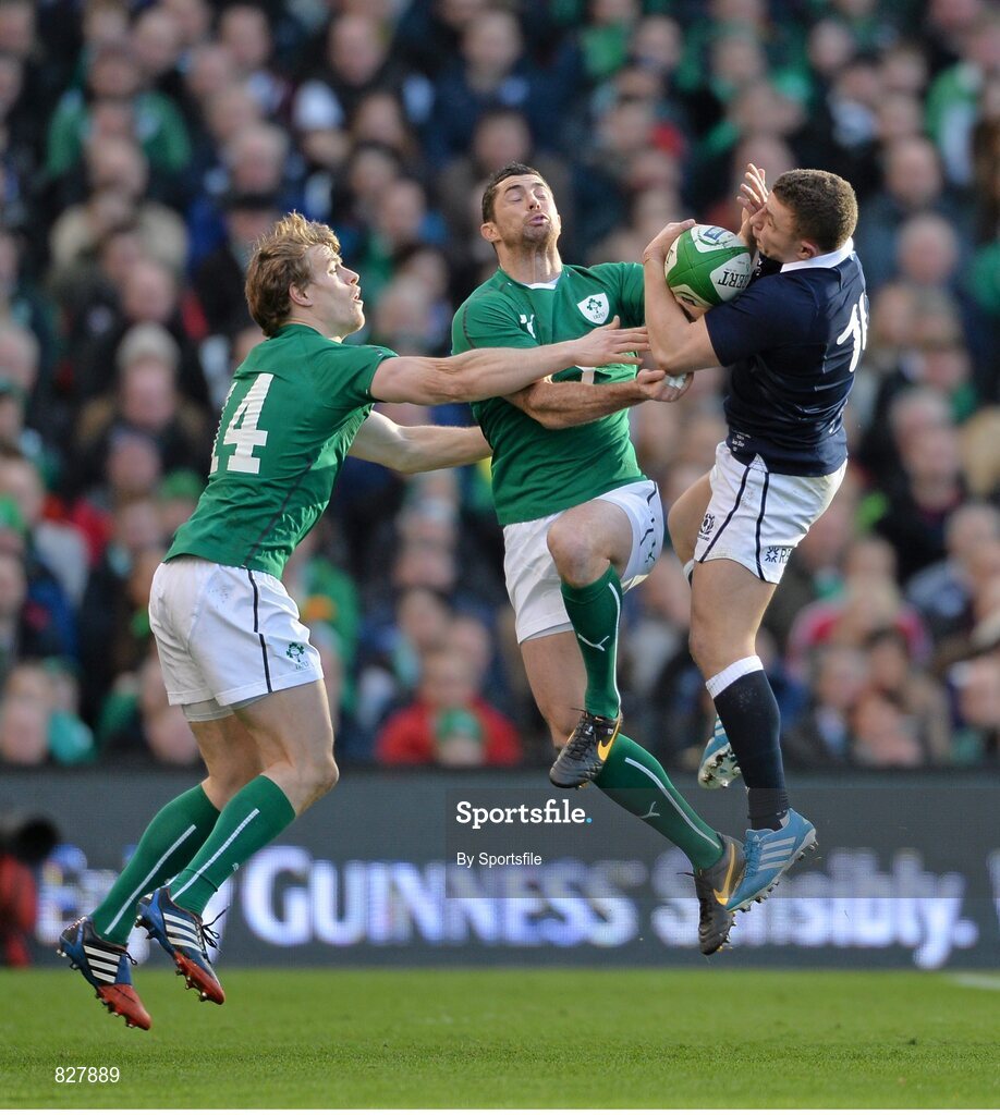 2 February 2014; Duncan Weir, Scotland, in action against Andrew Trimble, left, and Rob Kearney, Ireland. RBS Six Nations Rugby Championship, Ireland v Scotland, Aviva Stadium, Lansdowne Road, Dublin. Photo by Sportsfile