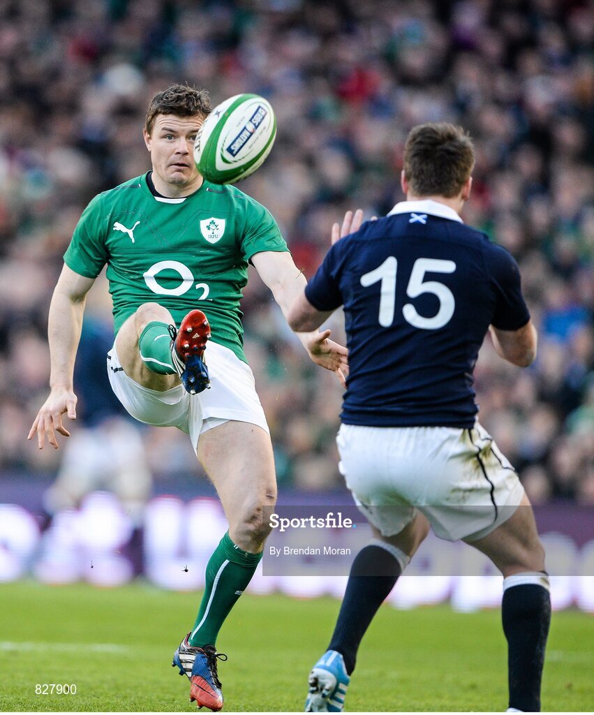 2 February 2014; Ireland's Brian O'Driscoll kicks the ball behind the Scotland defence. RBS Six Nations Rugby Championship, Ireland v Scotland, Aviva Stadium, Lansdowne Road, Dublin. Picture credit: Brendan Moran / SPORTSFILE