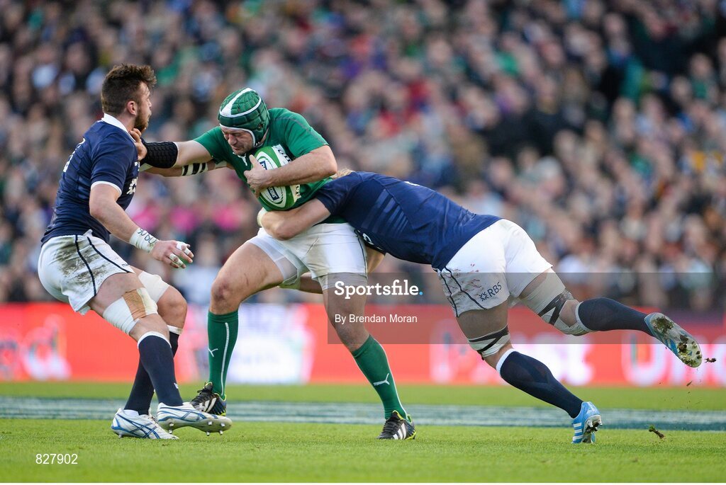 2 February 2014; Rory Best, Ireland, is tackled by Ryan Wilson, left, and David Denton, Scotland. RBS Six Nations Rugby Championship, Ireland v Scotland, Aviva Stadium, Lansdowne Road, Dublin. Picture credit: Brendan Moran / SPORTSFILE