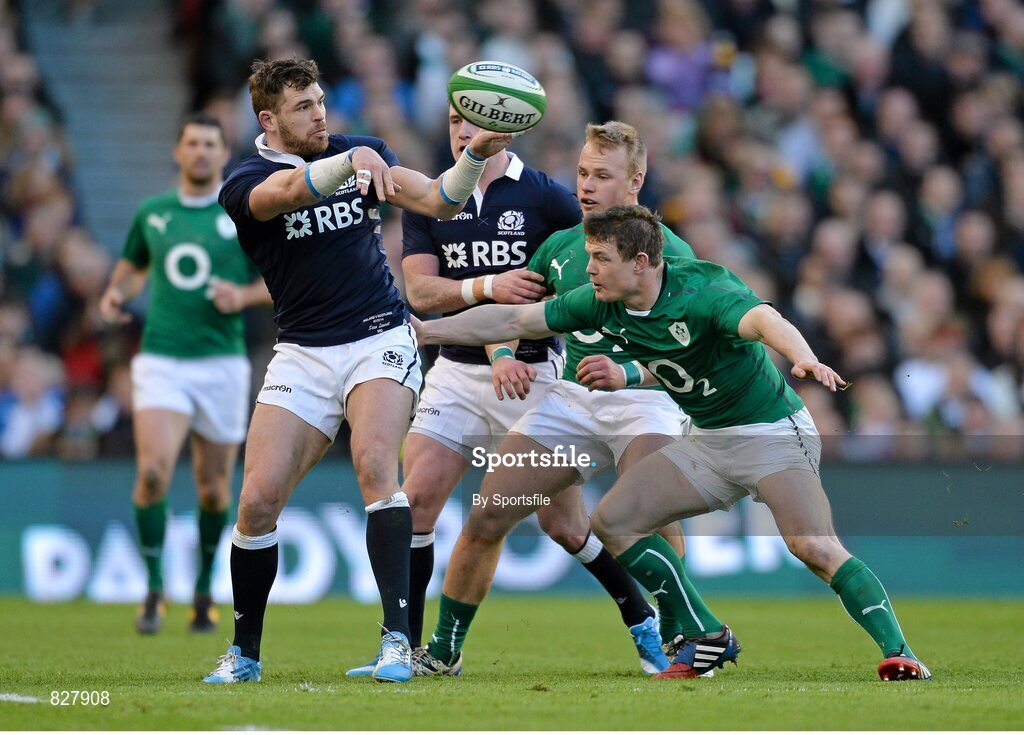 2 February 2014; Sean Lamont, Scotland, in action against Brian O'Driscoll, right, and Luke Marshall, Ireland. RBS Six Nations Rugby Championship, Ireland v Scotland, Aviva Stadium, Lansdowne Road, Dublin. Photo by Sportsfile