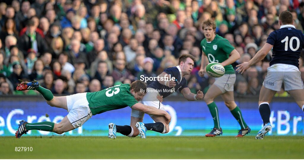 2 February 2014; Stuart Hogg, Scotland, is tackled by Brian O'Driscoll, Ireland. RBS Six Nations Rugby Championship, Ireland v Scotland, Aviva Stadium, Lansdowne Road, Dublin. Picture credit: Brendan Moran / SPORTSFILE