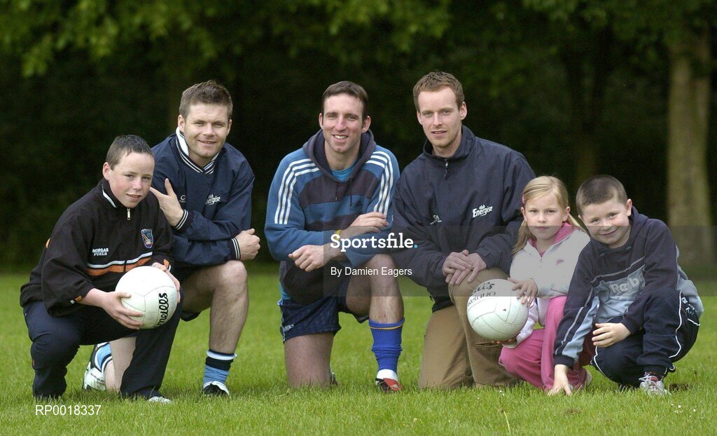 1 June 2005; "GPA and Energise Sport support first ever residential Gaelic Football Summer Camp." At the announcement are, l to r, Dessie Farrell, Chief Executive of the GPA, Enda McNulty, Armagh Footballer, and Dermot McArdle, Monaghan Footballer, with young footballers Lauren McConville, from Armagh, Frankie Farrell, right, from Dublin, and Steven Traynor, from Armagh. Castleknock College, Castleknock, Dublin. Picture credit; Damien Eagers / SPORTSFILE